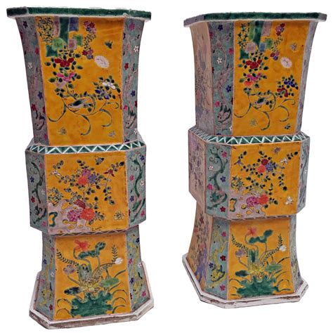 Pair of Large 19th Century Chinese Cantonese Floor Vases on Carved Wood ...