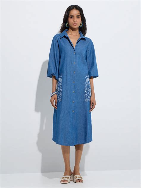 Buy Utsa Blue Floral Embroidered Denim Shirt Dress from Westside