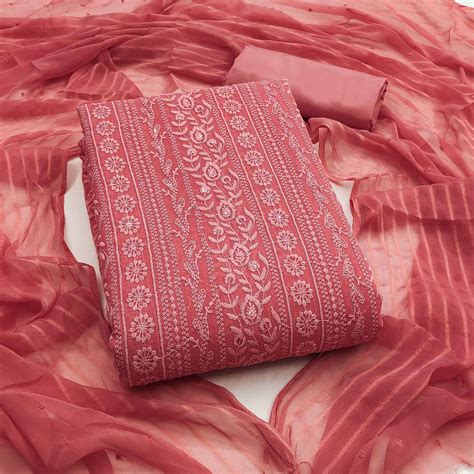 Stunning Coral Pink Floral Embroidery With Sparkling Sequins Work Geor