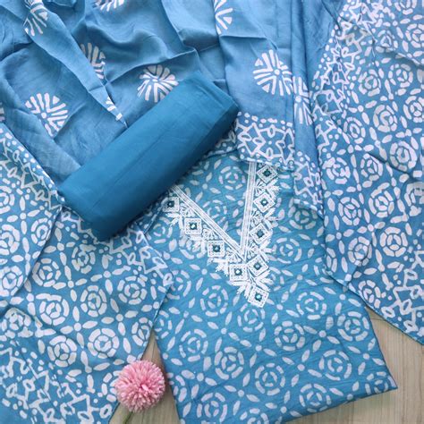Sumati Sapphire Blue V Moti Neck Work Batik Print Chanderi Suit Set ...