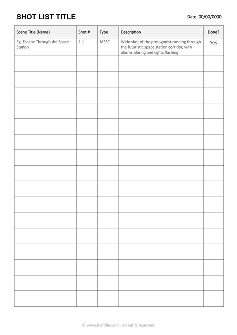 Shot List Template 的图像结果