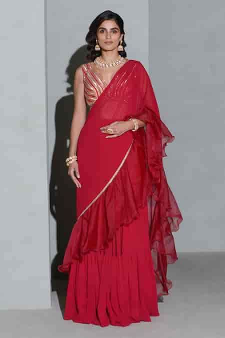 Buy Red Organza, Georgette Sequins, Zari Ruffled Skirt Saree With ...