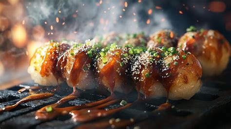 Serving of takoyaki with drizzle of sauce and sprinkles | Premium AI ...