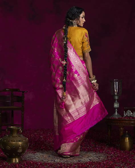 Handloom Hot Pink Kadhwa Katan Silk Banarasi Saree with Jangla Design ...