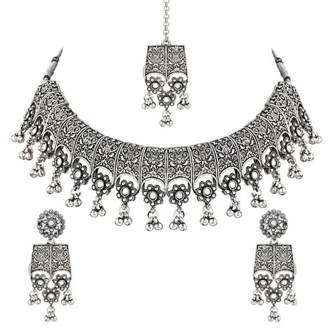 I Jewels Navratri Ethnic Silver Oxidized Traditional Choker Necklace ...