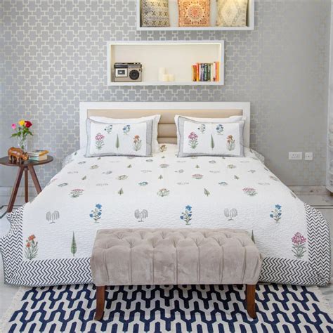 Blue & Pink Color Hand Block Printed Cotton Quilted Bedcover with 2 Pi