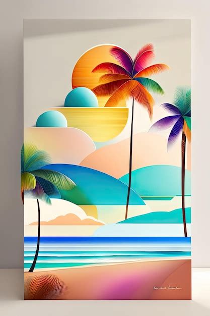 Abstract summer beach collage modern midcentury art color blocks palm ...