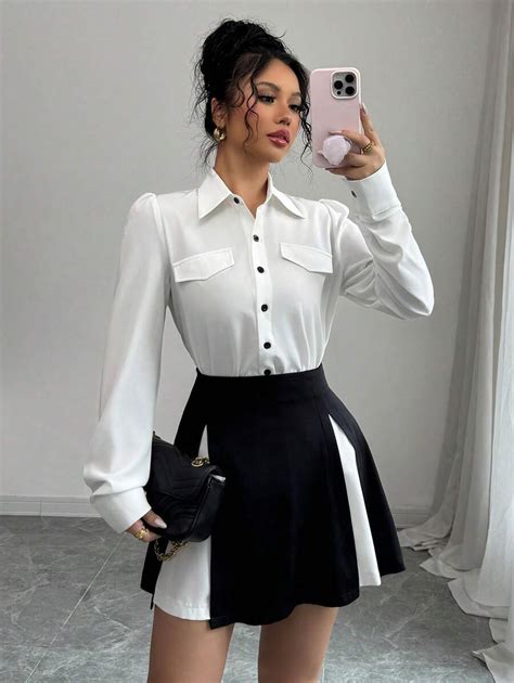 Chiquease Dames Wit Lange Mouw Casual Shirt En Minirok Outfit, Herfst ...