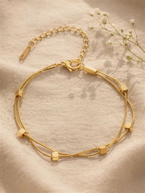 Demifine 18K Gold Plated Stainless steel Dual Chain Cube Detail Bracel ...