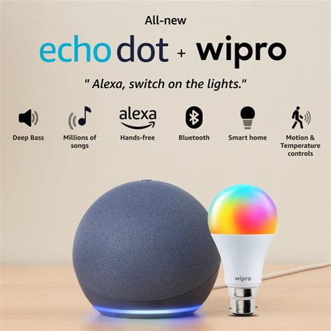Amazon Echo Dot (5th Gen, Blue) Combo with Wipro 12W LED Smart Color ...