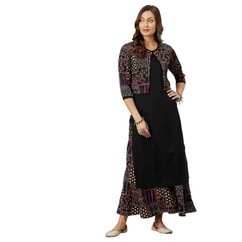 Buy Azira Women's Black Printed Kurta with Palazzo and Ethnic Jacket ...