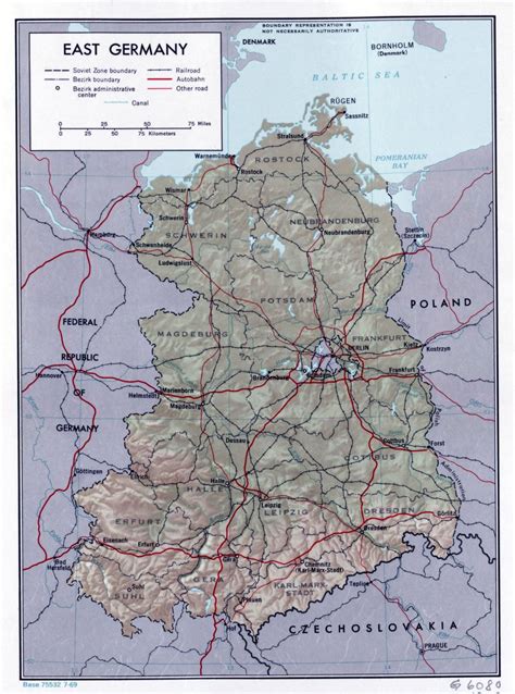 Large political and administrative map of East Germany with relief, roads, railroads and major ...