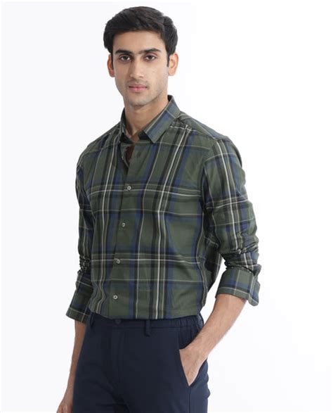 Rare Rabbit Men's Cosen Dark Green Cotton Checked Print Regular Fit Fu