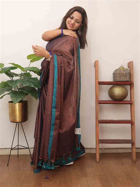 Brown Bengal Plain Tissue Cotton Saree - Luxurionworld