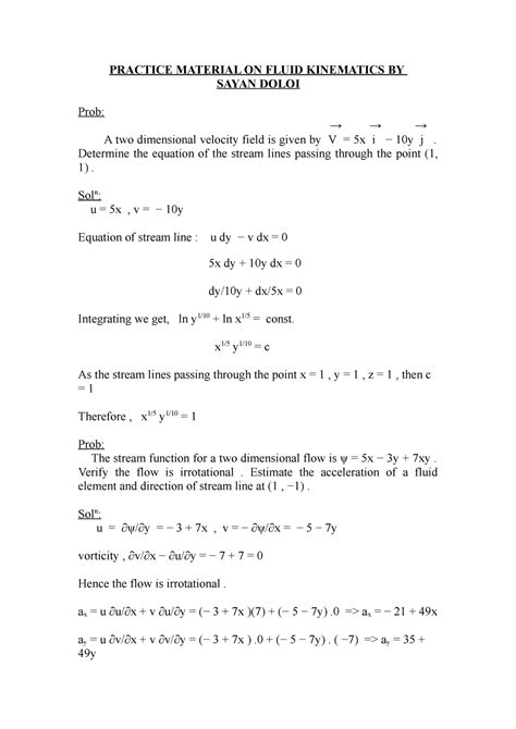 Practice Material ON Fluid Kinematics - Fluid Mechanics - KIIT ...