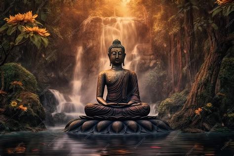 Premium Photo | A buddha sits in a pond with a waterfall in the background.