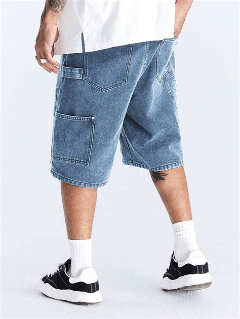 Manfinity Men's Light Blue Bermuda Denim Shorts With Pockets Loose Fit ...