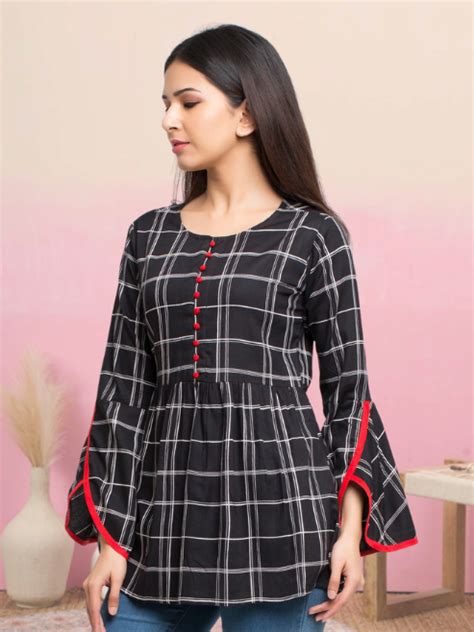 Casual 3/4 Sleeve Checkered Black Top – Yash Gallery
