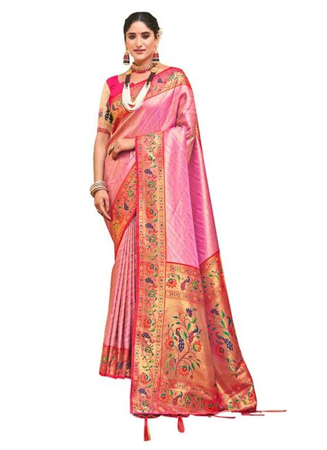 Buy Sangam Prints Light Pink Paithani Silk Woven Work Traditional ...