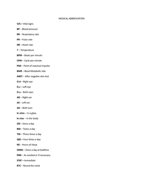 Medical- Abbreviations - MEDICAL ABBREVIATION V/S – Vital signs BP ...