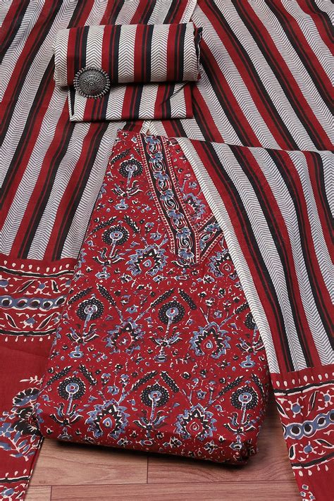 Red Cotton Floral Printed Unstitched Suit Set at Biba India
