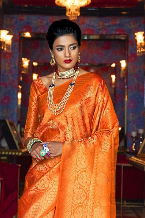 Buy Jaffa Orange Gold Handcrafted Kanjivaram Saree Online - MySilkLove