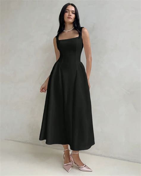 Square Neck Fit & Flare Midi Dress in Black - Littlebox India