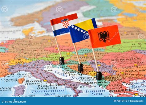Balkans, Map and Flags of Albania, Bosnia and Herzegovina, Croatia Stock Image - Image of mark ...