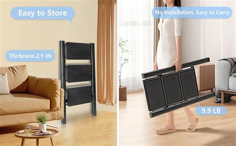 TRADY Aluminium 3 Step Ladder, Black Folding Ladder Stool, Wider ...