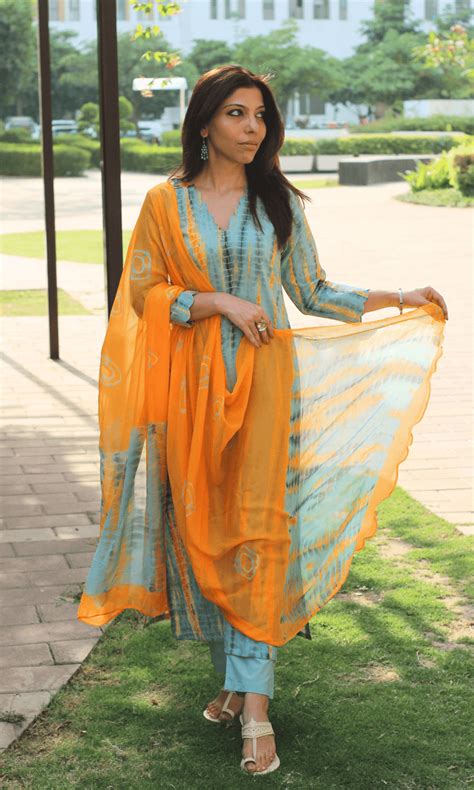 Cotton Ocean Blue & Orange Tie & Dye Suit with Chiffon Printed Dupatta ...