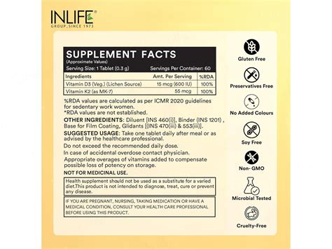 Buy Inlife Plant Based Vitamin D3 600 I.U. + K2 Health Supplement ...