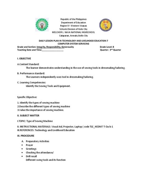 Image result for Sample Lesson Plan Dressmaking