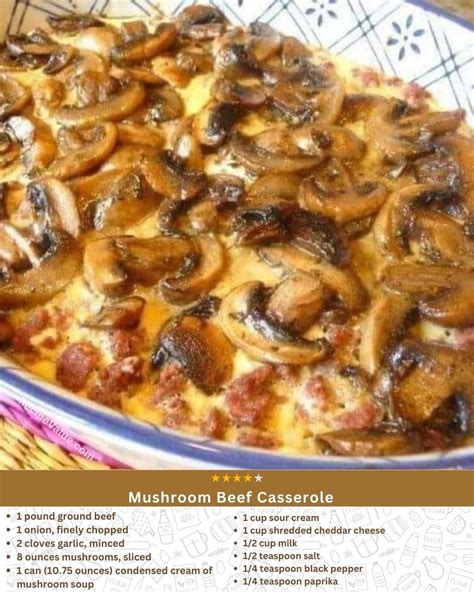 Savory Mushroom Beef Casserole Ingredients: 1 pound ground beef 1 onion ...