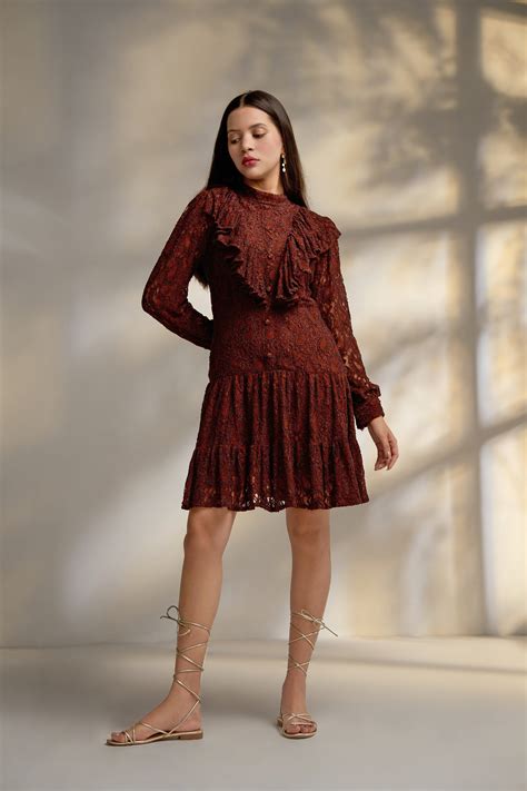 Brown Lace full sleeves Structured Mini Dress – The Ambition Collective