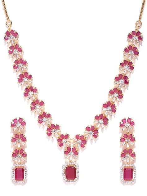 Buy Priyaasi Flower Jewellery Set for Women | Pink Stone Studded Set of ...