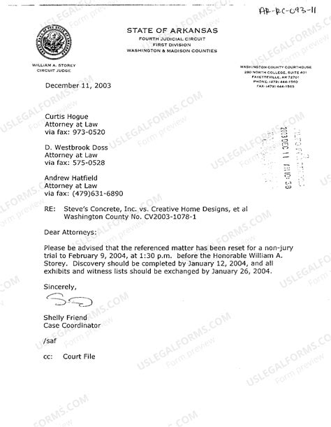 Arkansas Letter resetting case for trial | US Legal Forms