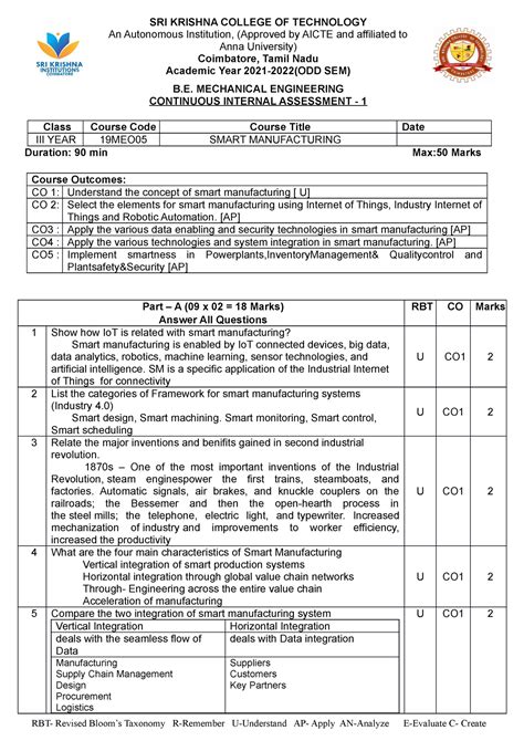 19MEO05 -SM CIA 1 Answer KEY - SRI KRISHNA COLLEGE OF TECHNOLOGY An ...