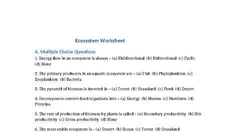 Ecosystem Worksheet A: MCQs & Assertions Review - Studocu