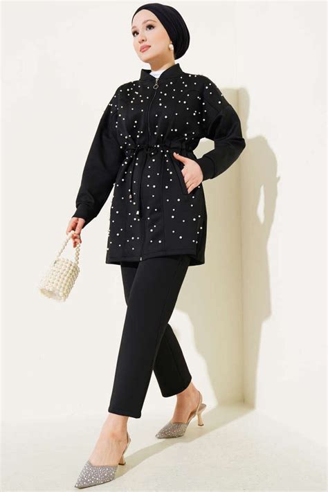 Black Pearl Embellished Scuba Two-Piece Set - VOLT CLOTHİNG | ElbiseBul