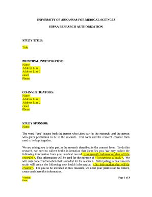 HIPAA RESEARCH AUTHORIZATION - irb uams Doc Template | pdfFiller