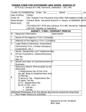 TENDER FOR STATIONARY AND XEROXSERVICE AT Doc Template | pdfFiller