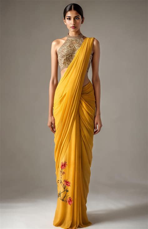 Marigold Bloom Saree & Embroidered Halter Blouse – Talking Threads