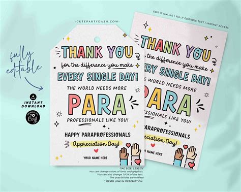 Paraprofessionals Day Gift Tags Printable INSTANT DOWNLOAD - Cute Party ...