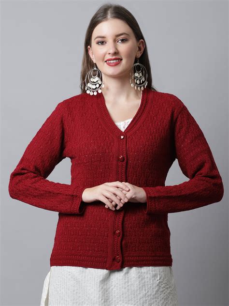 Women's Casual Maroon V neck Cardigan Sweater – Cantabil