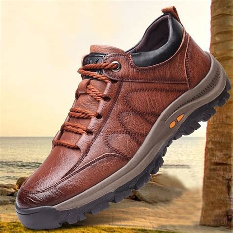 Men's Brown Faux Leather Casual Hiking Shoes with Non-Slip Sole for ...