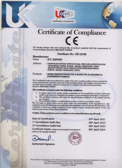 Certifications - R.T.Export - Wholesale Home Textiles