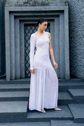 ASYMMETRIC NECKLINE GATHERED MAXI DRESS – Sotbella