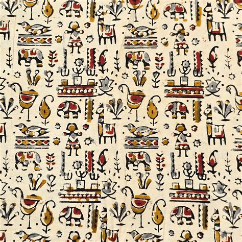 Pure Cotton Kalamkari Cream With Mustard Grey Village Hand Block Print ...