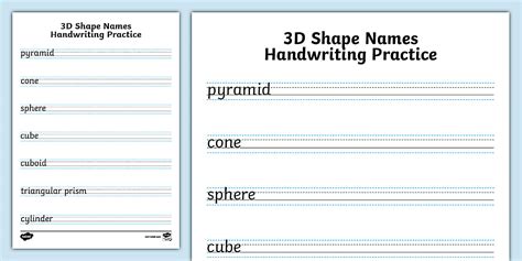 3D Shape Names Handwriting Practice Activity Sheet