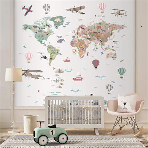 Pastel World Map Wallpaper with Balloons for Kids Room, Customised ...